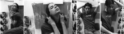 Sands Murray-Wassink, Identity Shots or Before Robin, After Hannah Wilke (1995). Edition of 60 performalist self-portraits self-shot by the artist and archivally stored with floral silk textile. Black and white photoprints; 30.5 × 20 cm each.