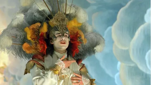 Scene of Farinelli, 1994. Throughout the movie, many aspects of the art direction emphasize the bird-like quality of the legendary Italian opera singer.